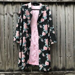 Vintage Handmade Floral and Polka Dot Jacket Open Front Size 1X Black Pink